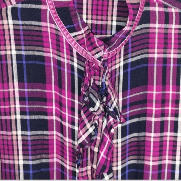 Chicos Womens Blouse Sz 12 Flannel Ruffles Button Shirt Purple Preppy #570315357 - Picture 7 of 16